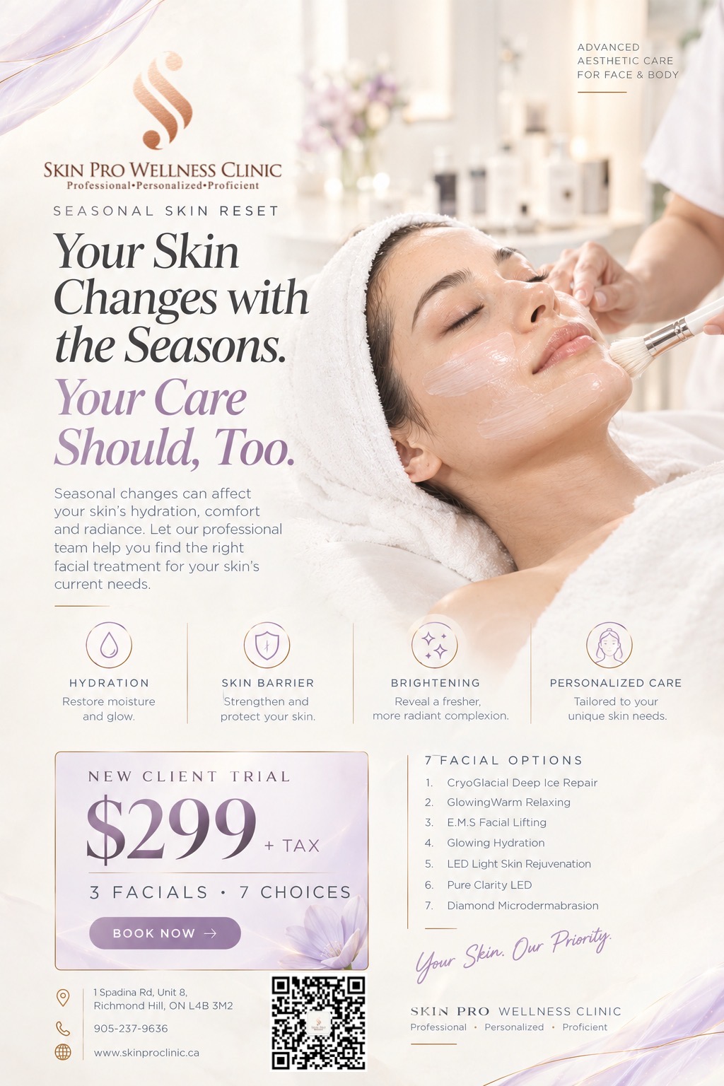 Explore our $299 + tax New Client Trial: 3 facials with 7 choices. Book a consultation at Skin Pro Wellness Clinic in Richmond Hill.